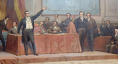 Pormenor da luneta da Sala das Sessões representando as Cortes Constituintes de 1821 que se realizaram no Palácio das Necessidades, em Lisboa