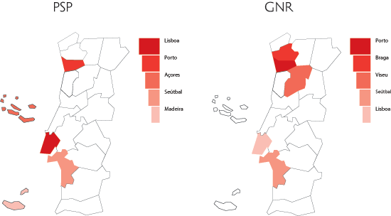 Distribuição territorial das queixas - distritos com maior incidência em 2005 (fonte: PSP + GNR)