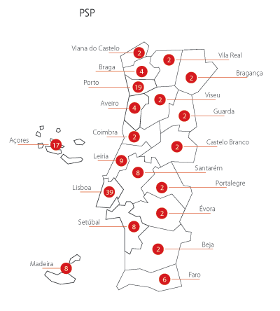 Mapa relativo às Estruturas de Apoio à Vítima - PSP