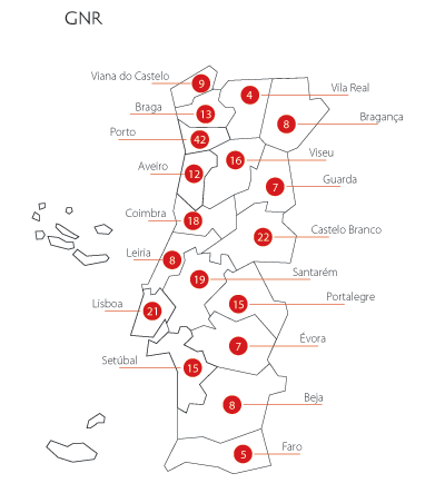 Mapa relativo às Estruturas de Apoio à Vítima - GNR